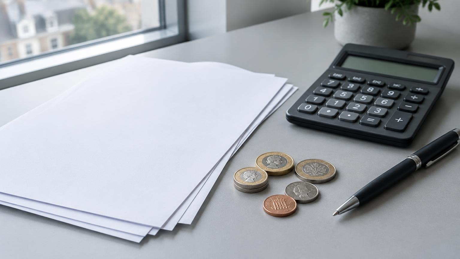 AI-generated editorial still life of coins, paperwork and a calculator.