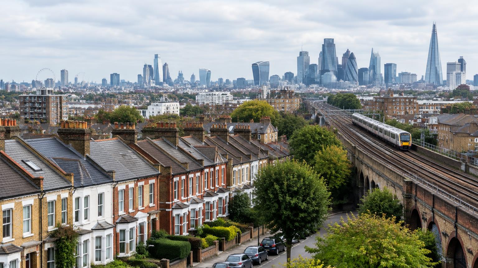 AI-generated editorial illustration of London homes, railways and skyline.